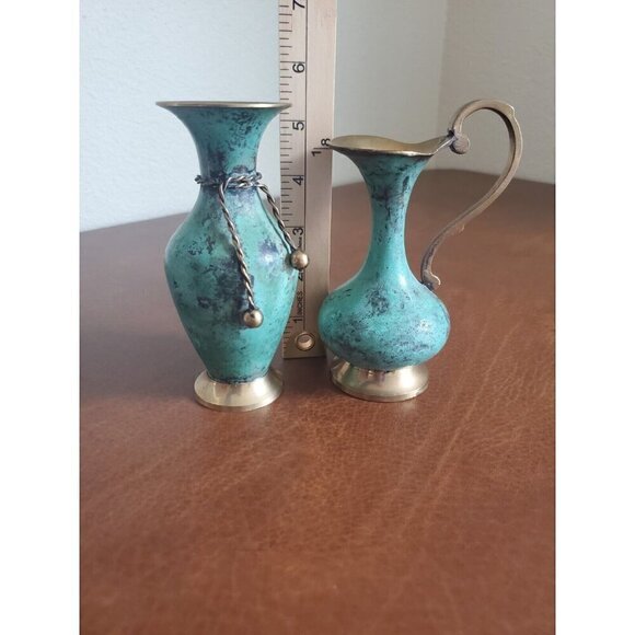 Vintage Solid Brass & Enamel Blue Mini Vase & Pitcher Made In India‎ 5.5" - Picture 9 of 10